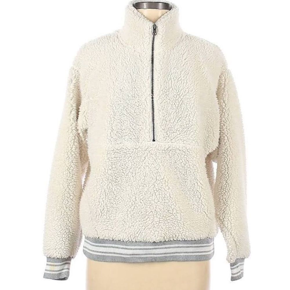 American Eagle Sherpa Half Zip Sweater Size XS White Varsity Pullover Pocket EUC